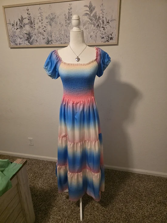 SHEIN Pastel Rainbow Off-Shoulder Maxi Dress - Picture 7 of 15